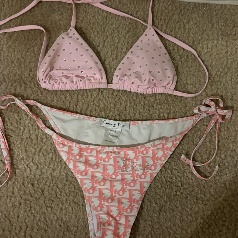 Dior Pink Rhinestone Triangle Bikini Set